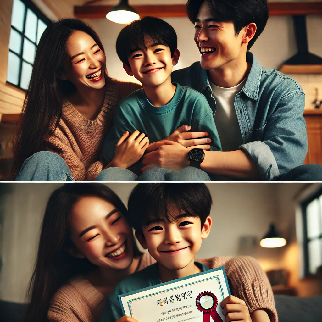 아이가 성취물이나 상장을 들고 부모와 함께 기쁨을 나누는 장면. 가족이 서로를 껴안으며 웃음을 나누는 모습이 따뜻한 분위기를 연출.