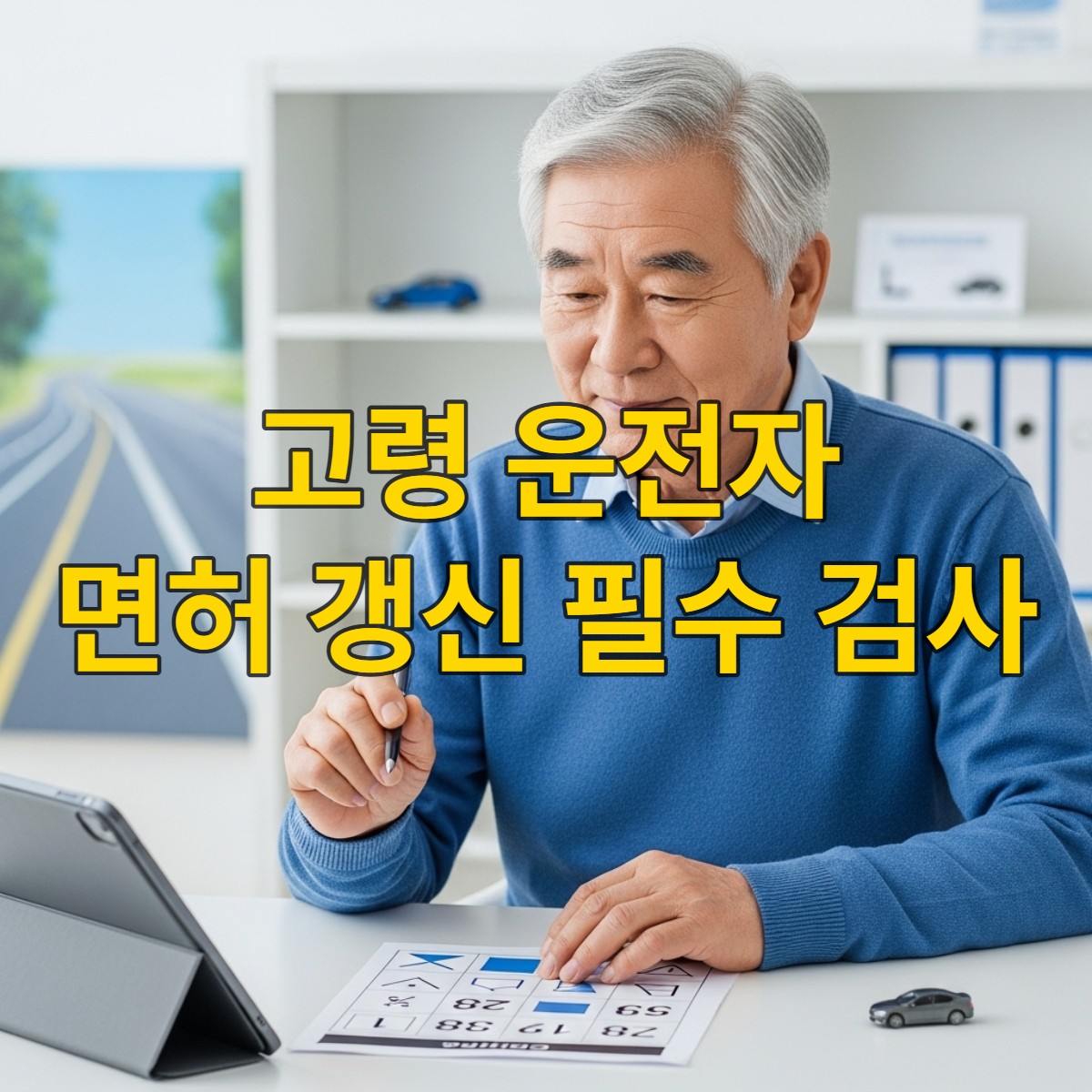 고령 운전자가 펜을 들고 인지능력 검사를 받는 모습으로, 만 75세 이상 운전면허 갱신 절차의 중요성을 상징합니다.