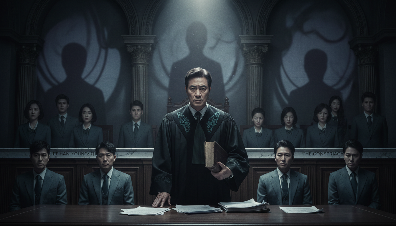 어둡고 웅장한 법정에서 복잡한 심경의 이한영 판사가 정의를 향한 굳건한 의지를 보여주는 모습. 드라마의 긴장감 넘치는 분위기를 상징합니다.
