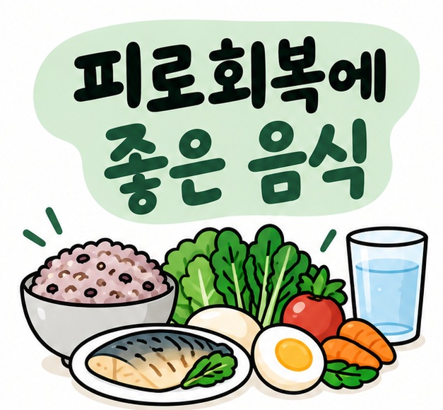 잡곡밥과 달걀, 생선, 채소, 물 아이콘 옆에 피로회복에 좋은 음식이라는 제목이 크게 적힌 대표 썸네일