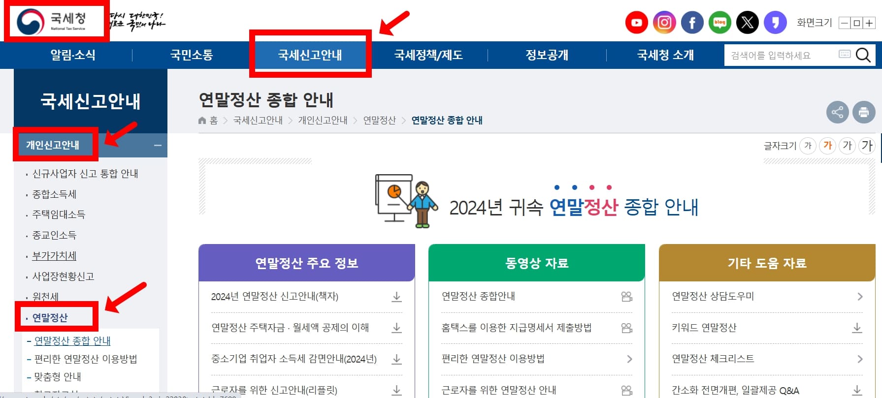 국세청 홈페이지의 연말정산 가이드 화면