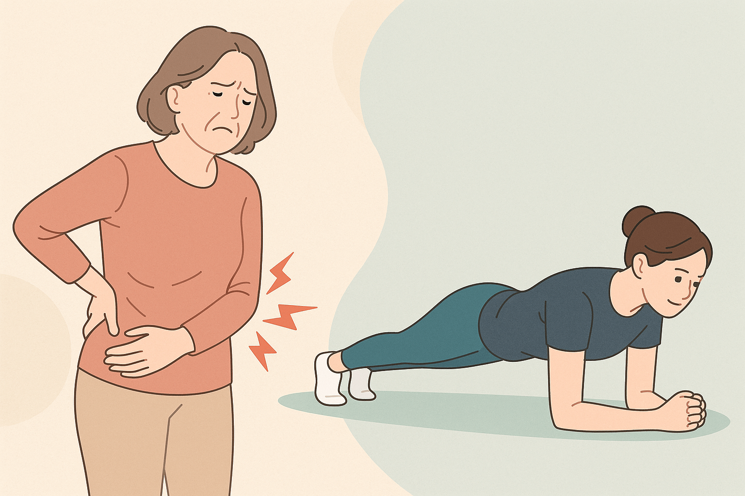 허리 통증 부위를 짚고 있는 중년 여성과, 옆에는 플랭크 자세로 운동 중인 캐릭터가 있는 장면(출처**자체제작)
