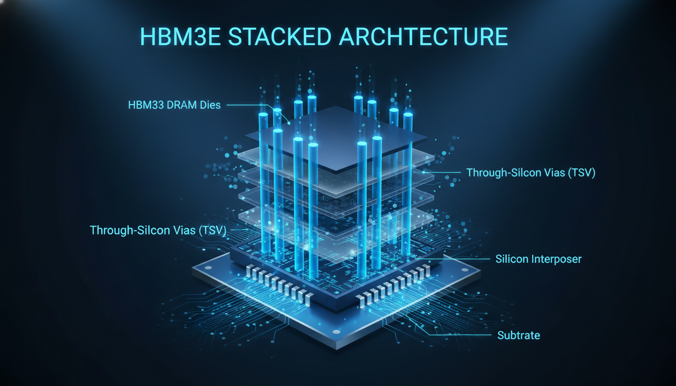수직으로 적층된 HBM 반도체 칩 구조와 TSV 기술 개념도