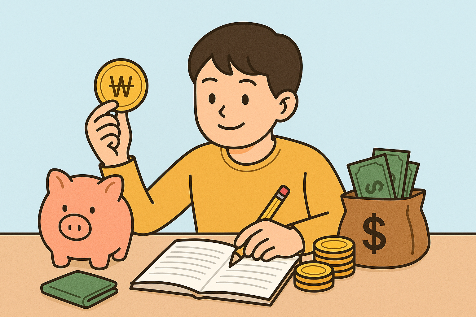 소년-돈-공부-저금통-지갑-돈자루-동전-노트-연필-경제교육-일러스트