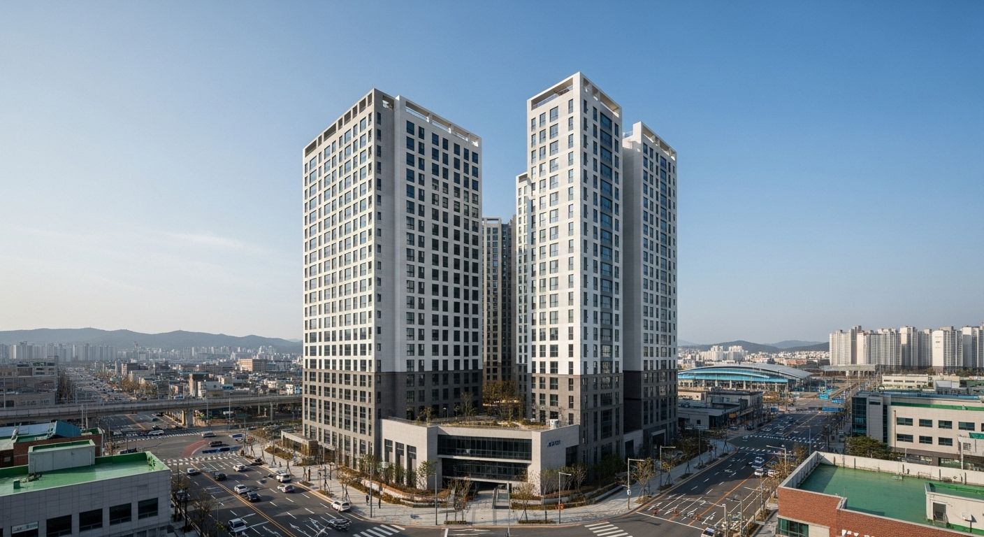 수도권 GTX 역세권 인근 아파트 외관, 맑은 하늘 배경