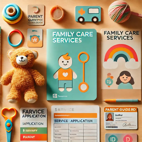 장애아 가족 양육지원 서류, 상담가이드북, 치료 장난감 등이 정돈된 스튜디오컷