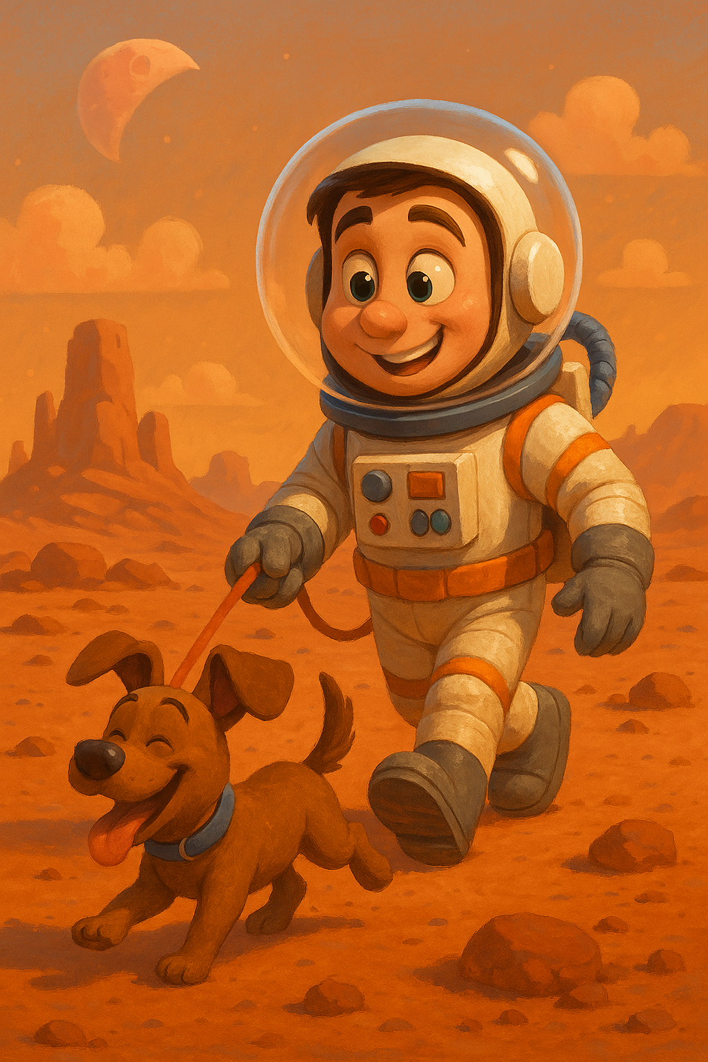 ChatGPT 업데이트 이미지 생성: Pixar 애니메이션 스타일로 화성에서 개를 산책시키는 우주인