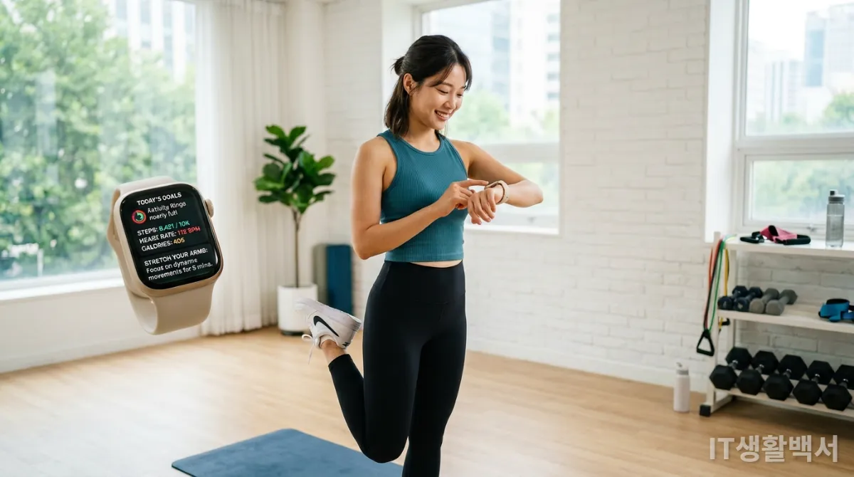 스마트워치를 활용하여 건강 데이터를 확인하며 스트레칭하는 한국인.