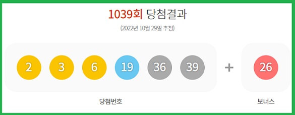 로또복권6/45-1039회-1등-당첨번호6자리와-보너스번호