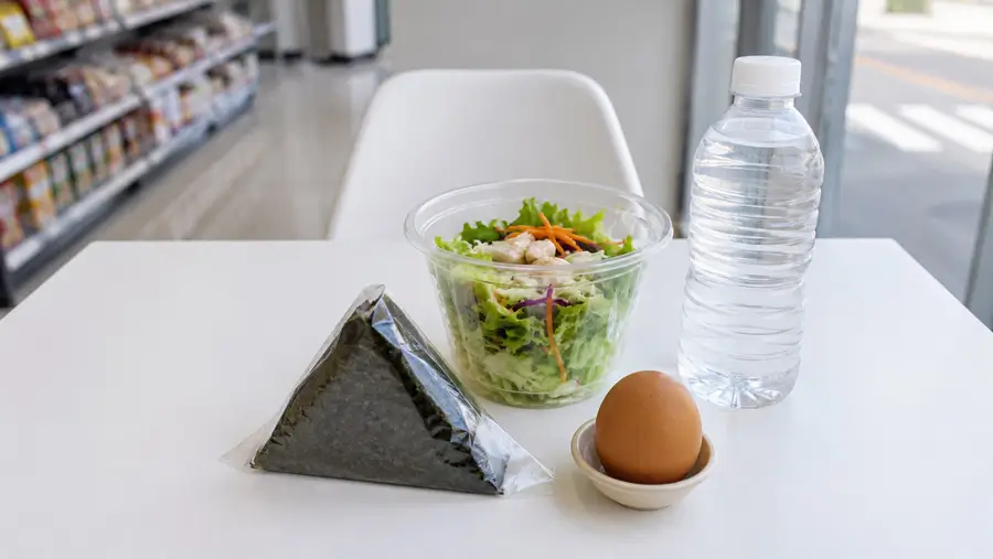 편의점 테이블 위에 삼각김밥 한 개, 삶은 달걀, 신선한 컵 샐러드, 생수 한 병이 균형 있게 놓인 모습
