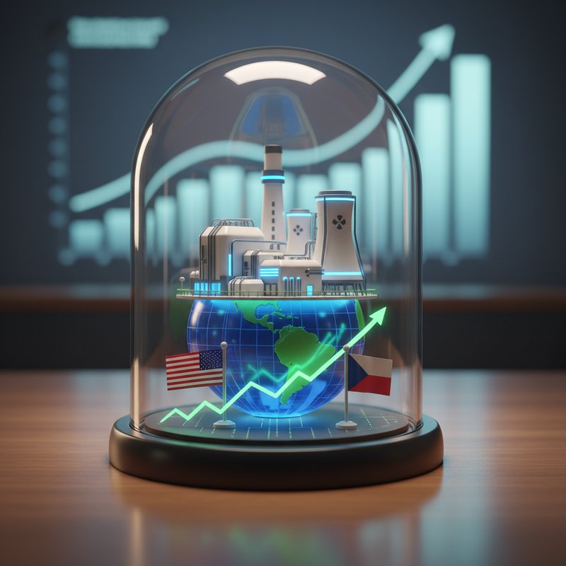 미국, 체코 국기가 있는 원자력 발전소 모델과 상승하는 주식 동향을 담은 미니어처 디오라마 스타일, 틸트시프트 효과