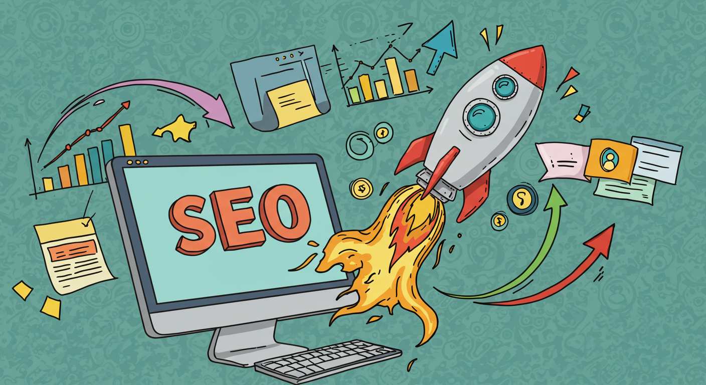 만화 스타일 일러스트, 'SEO' 글자가 있는 컴퓨터 화면에서 로켓이 발사되고, 웹사이트 순위 상승을 상징하는 화려한 그래프와 차트가 주변에 떠 있는 장면, SEO 순위 상승