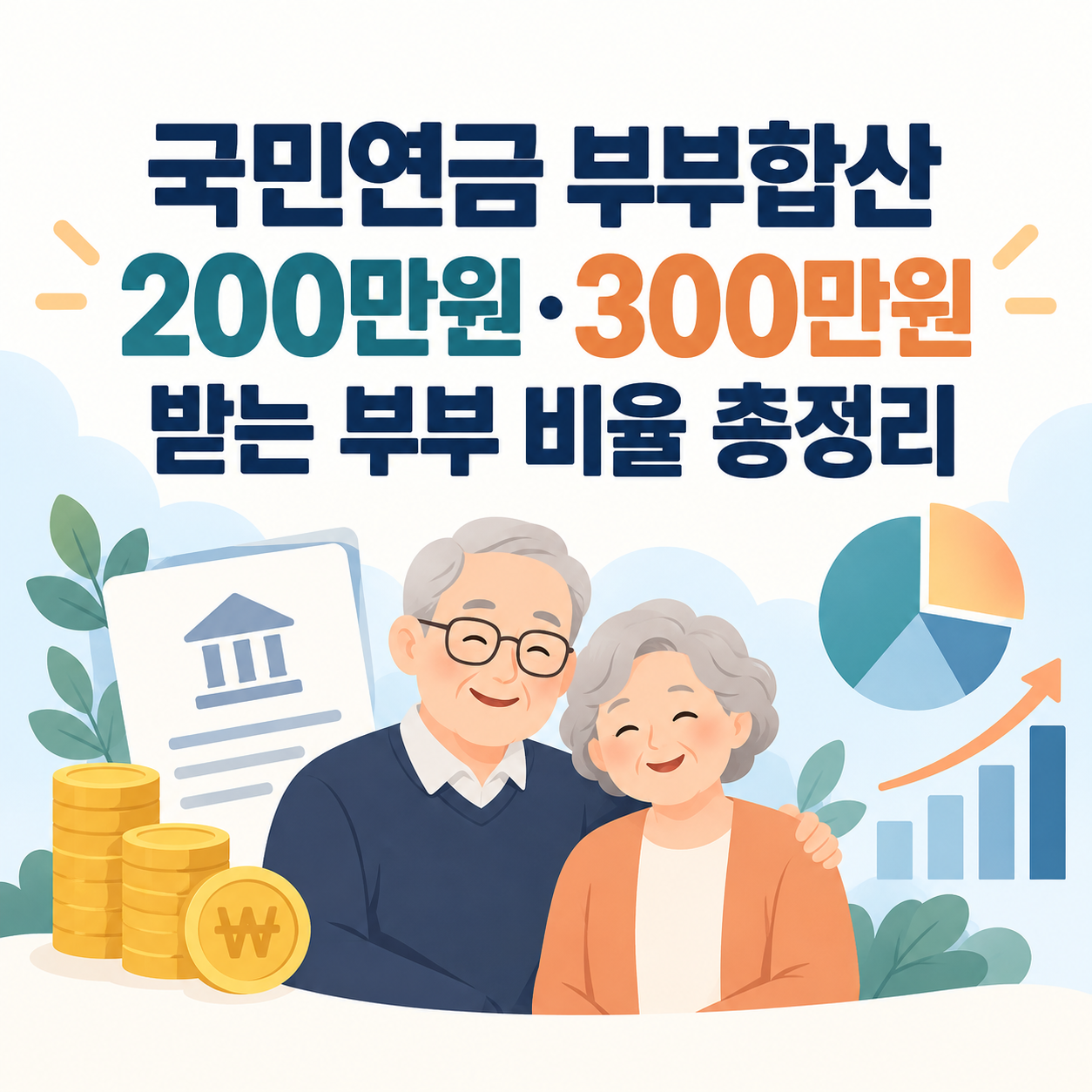 국민연금 부부합산 월 200만원&middot;300만원 수급 비율을 주제로 노부부와 연금&middot;통계 요소를 표현한 정사각형 인포그래픽 이미지.