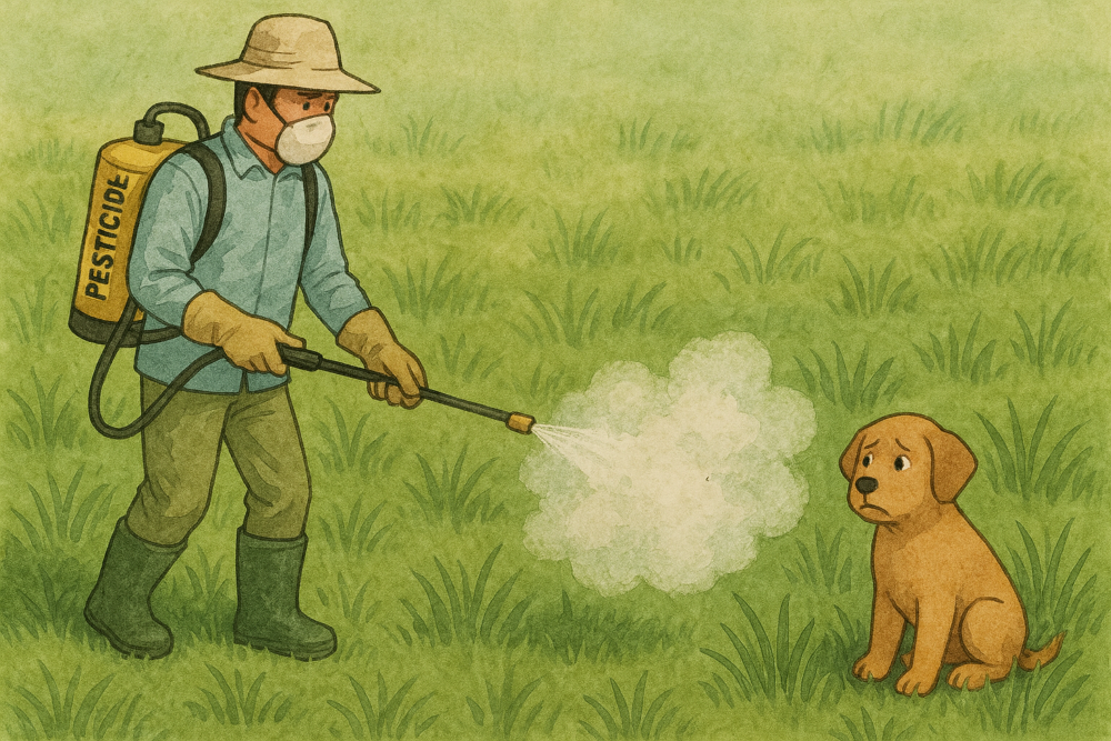 농부가 풀밭에 제초제를 주고있고 강아지가 그앞에 위험하게 앉아있는 그림