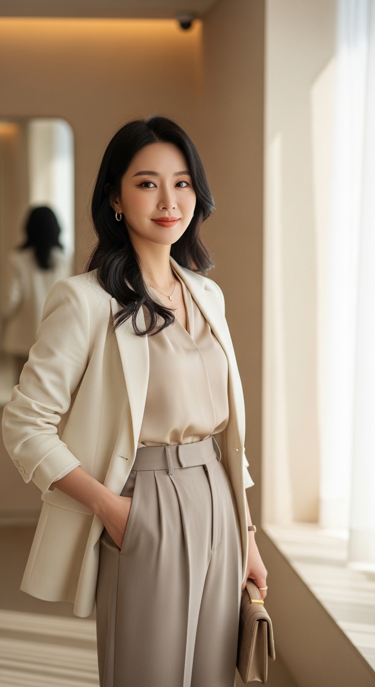 심플하고 고급스러운 뉴트럴 톤의 의상을 입은 여성이 자신감 있게 서 있는 모습