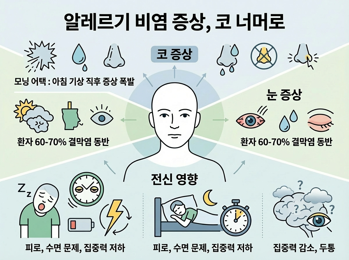 알레르기 비염 증상, 모닝어택, 알레르기 결막염, 수면질저하 집중력감소