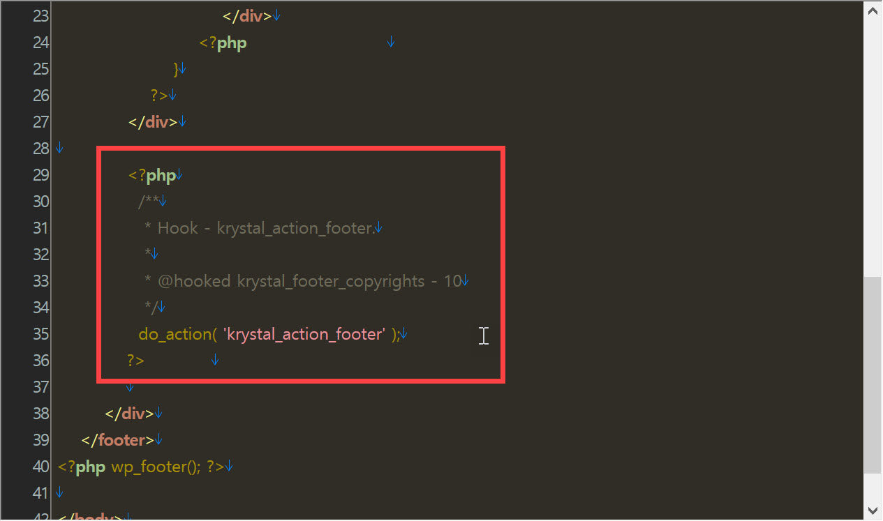 무료 워드프레스 테마 Krystal 푸터 저작권 정보 수정하기 - 테마 파일 편집