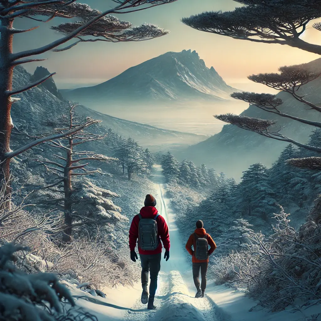 눈 덮인 제주도 산을 오르는 남자와 여자의 뒷모습