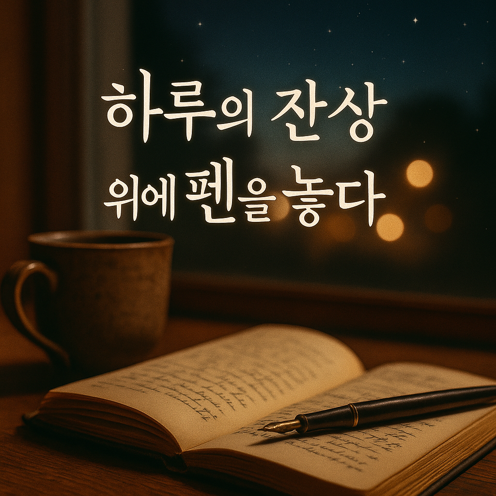조용한 밤, 따뜻한 스탠드 불빛 아래에서 책상 위 노트와 펜이 놓여 있는 감성적인 서재 장면