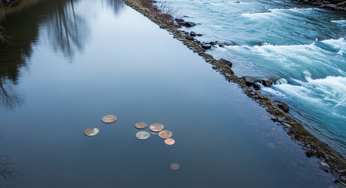 잔잔한 물 위에 떠 있는 몇 개의 동전이 초저금리 시대를 상징하며, 동적인 투자 기회의 필요성을 보여줍니다.