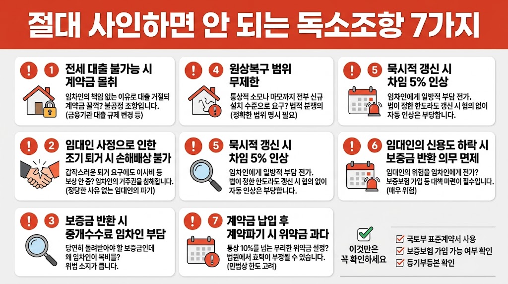 전세 계약서 절대 사인하면 안 되는 독소조항 7가지 인포그래픽 - 임차인 불리한 특약 유형 목록