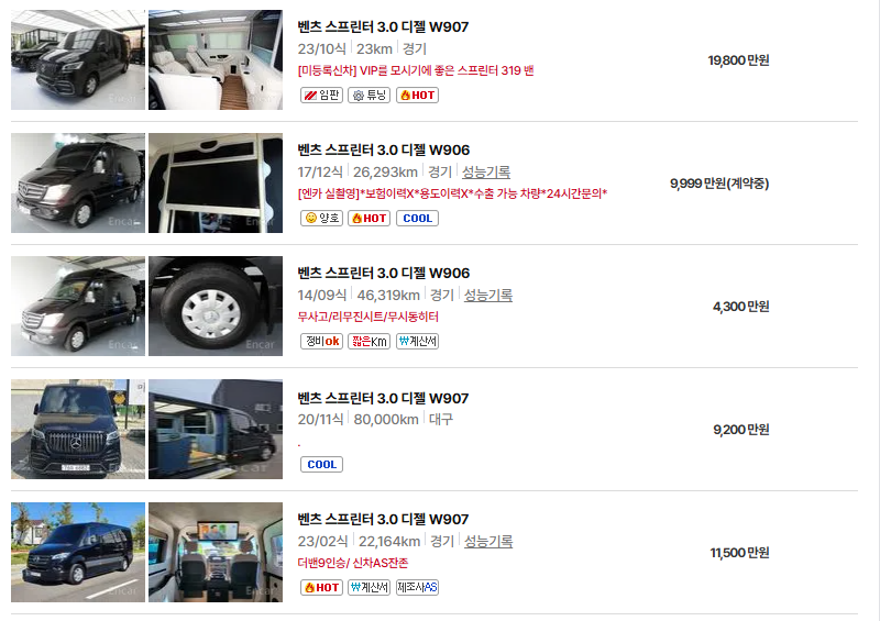 벤츠 스프린터 중고차 가격 시세표 25년