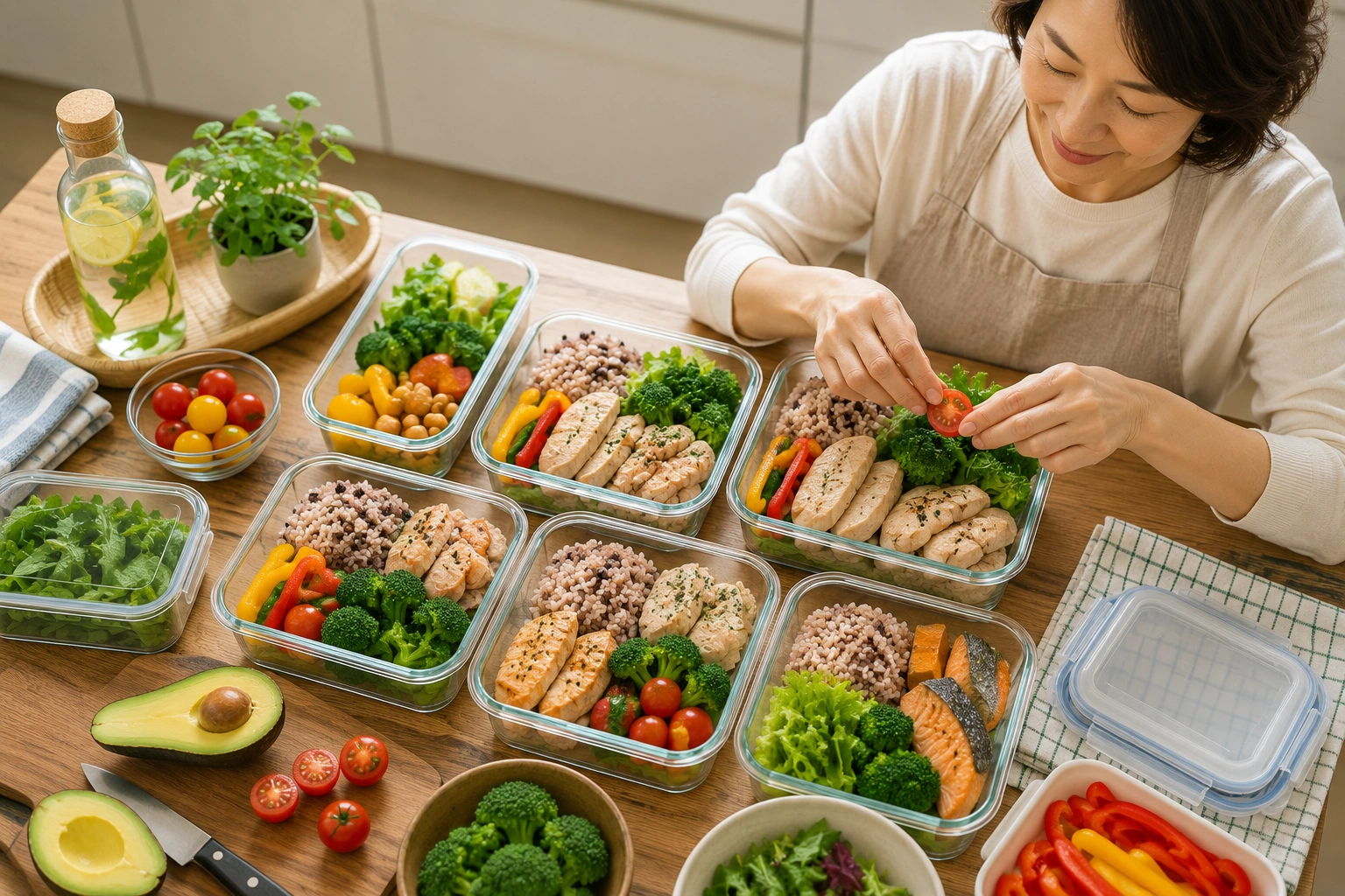 중년 여성이 잡곡밥&amp;#44; 생선&amp;#44; 채소를 균형 있게 담은 밀프렙 도시락을 준비하며 당뇨 식단을 계획하는 모습