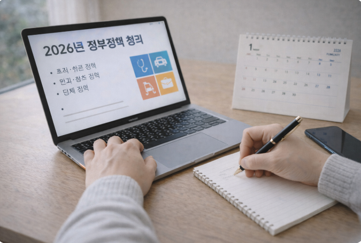 2026년 정부정책을 정리하며 노트에 메모하는 모습