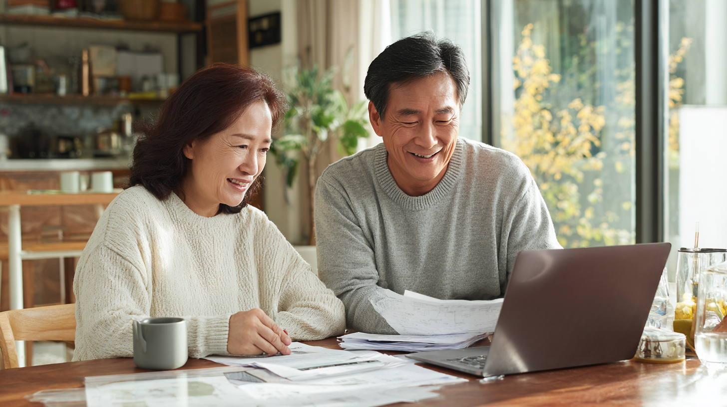 창업을 함께 준비하며 희망을 느끼는 중장년 부부의 따뜻한 장면.