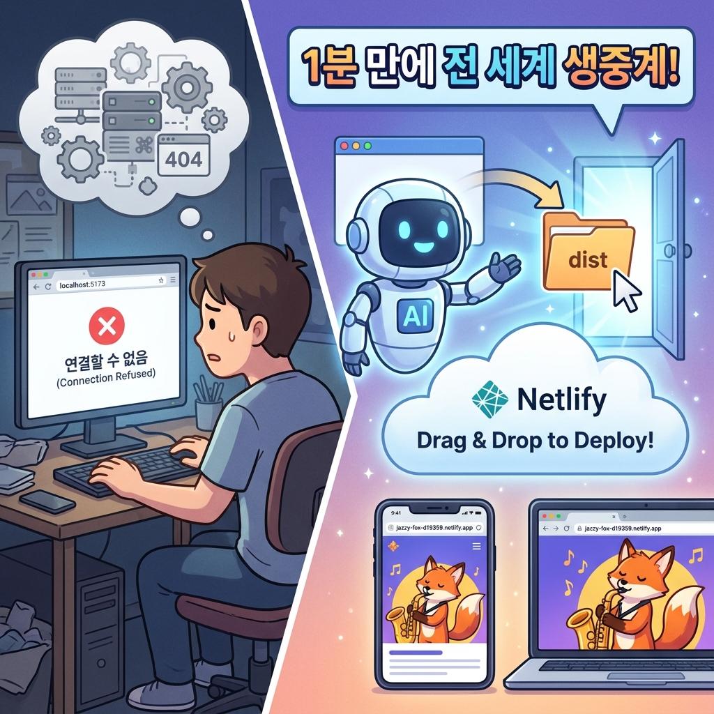 로컬 컴퓨터의 연결 오류 좌절에서 AI와 Netlify 드래그 앤 드롭을 통해 1분 만에 전 세계 웹사이트 배포에 성공하는 과정을 그린 일러스트.