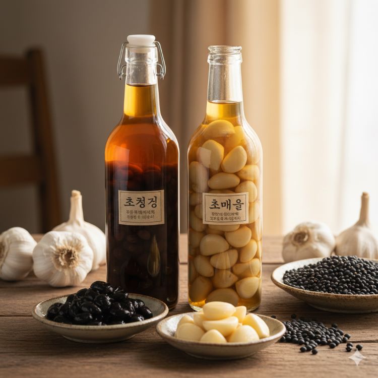 투명한 유리병에 검은콩과 마늘이 각각 갈색 식초에 담겨있고, 앞쪽에는 완성된 초콩과 초마늘이 작은 그릇에 담겨있다. 배경에는 신선한 생마늘과 쥐눈이콩이 놓여있으며, 전체적으로 건강하고 자연스러운 느낌의 따뜻한 조명의 이미지