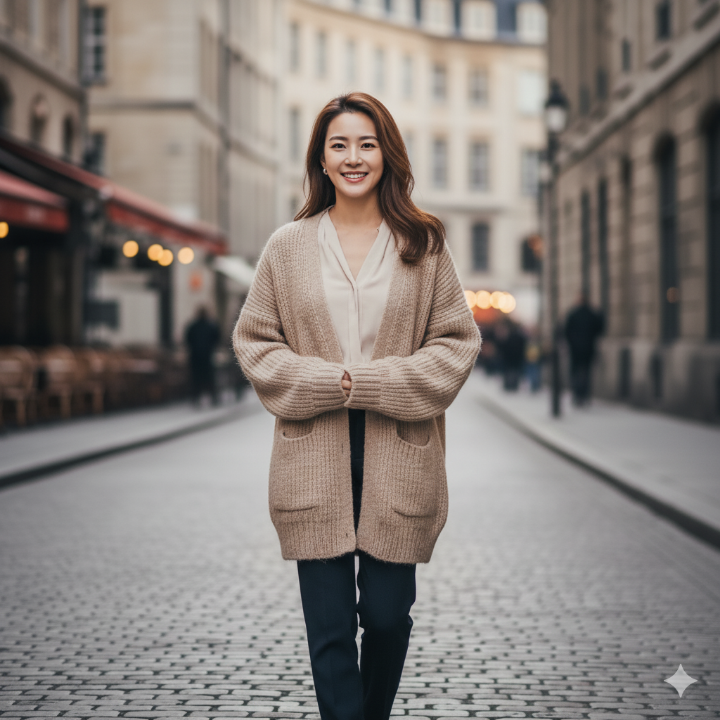 따뜻한 베이지 니트 가디건을 입고 미소 짓고 있는 40대 여성