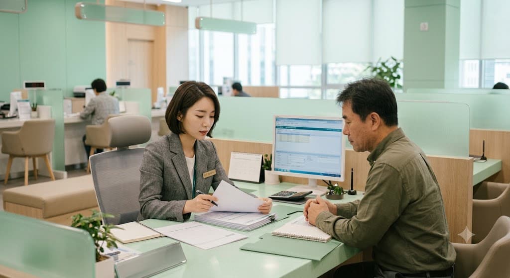 보유세 서류를 꼼꼼히 살펴보고 있는 은행직원 이미지