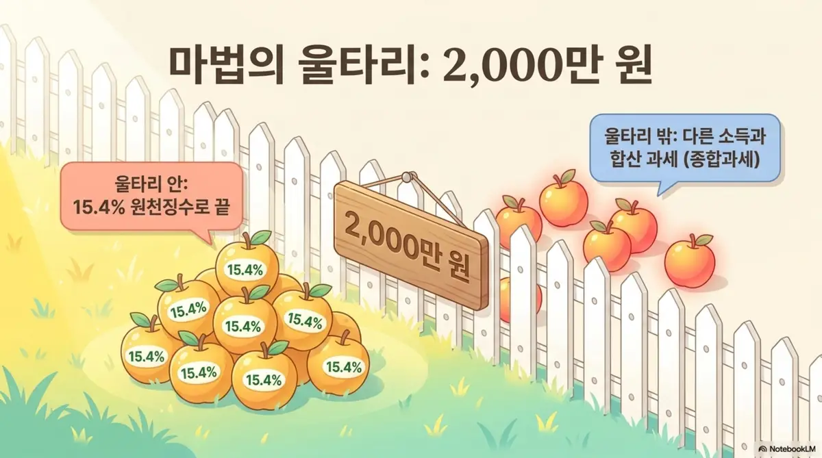 금융소득종합과세 2천만 원 기준을 마법의 울타리에 비유한 인포그래픽 이미지. 울타리 안쪽에는 15.4%가 적힌 사과들이 쌓여 있어 원천징수로 끝나는 구조를 보여주고 울타리 바깥으로 넘어간 사과들은 다른 소득과 합산되어 종합과세가 적용된다는 내용을 전달한다. 이 이미지는 금융소득 2천만 원 기준의 분리과세와 종합과세 구분 구조를 시각적으로 전달하며 블로그의 금융소득종합과세 기준 설명과 관련된 내용을 설명함