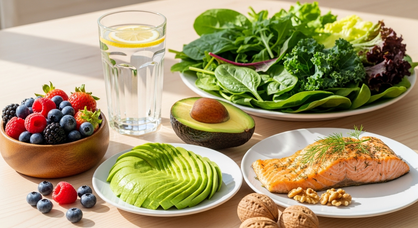 물, 베리류, 아보카도, 연어, 견과류, 녹색 채소 등 피부 건강에 좋은 음식들이 놓인 식탁. 건강한 식습관이 피부에 미치는 긍정적인 영향을 보여준다.