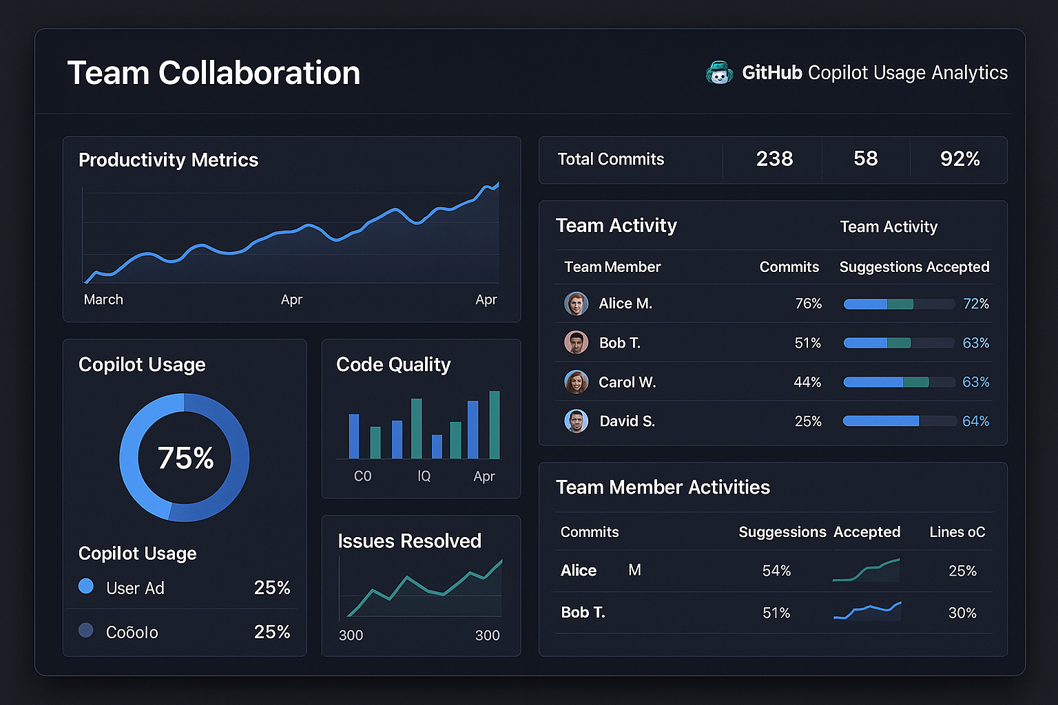 팀 협업 도구들과 연동된 GitHub Copilot 워크플로우 대시보드