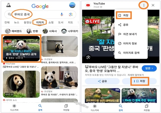 저장하려는 이미지를 검색 - 이미지 탭 - 상단에서 더보기 - 저장을 탭합니다.