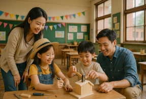 폐교를 리모델링한 곳에서 체험하고 있는 가족 모습