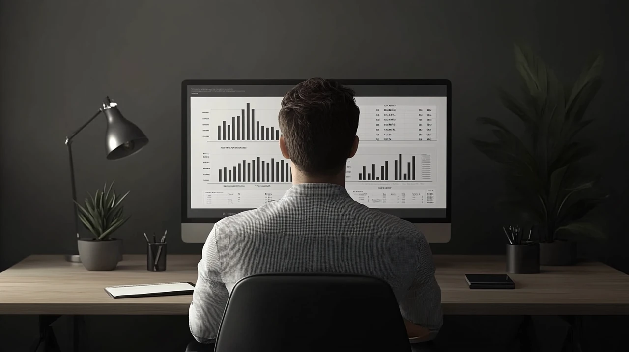 투자가가 다양한 ETF 옵션을 포함한 금융 보고서를 검토하면서 2025년 IRP ETF 수익률을 예측하며 미래의 성장을 자신 있게 판단하는 모습