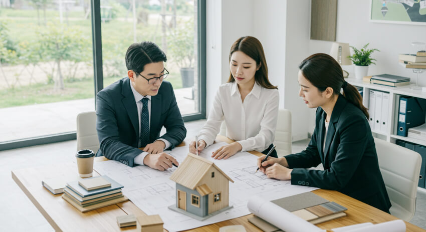 건축 시공사 선정을 위해 미팅 중인 고객