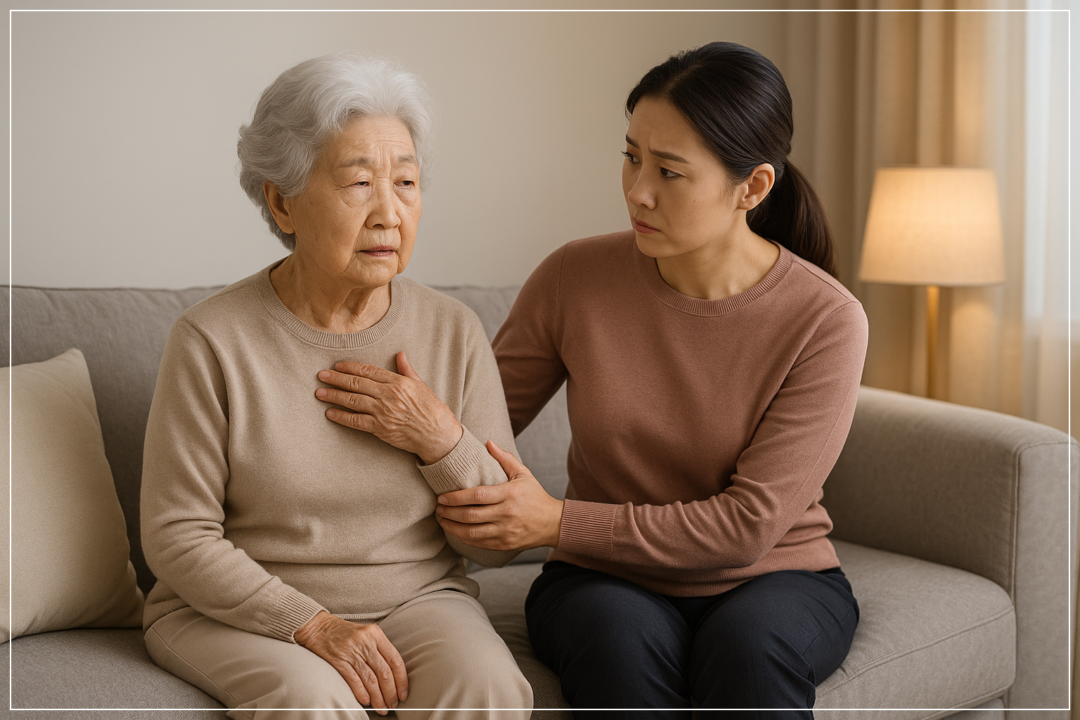 거동이 불편하거나 치매 증상이 있는 어르신과 걱정스러운 표정으로 함께 있는 딸의 모습.