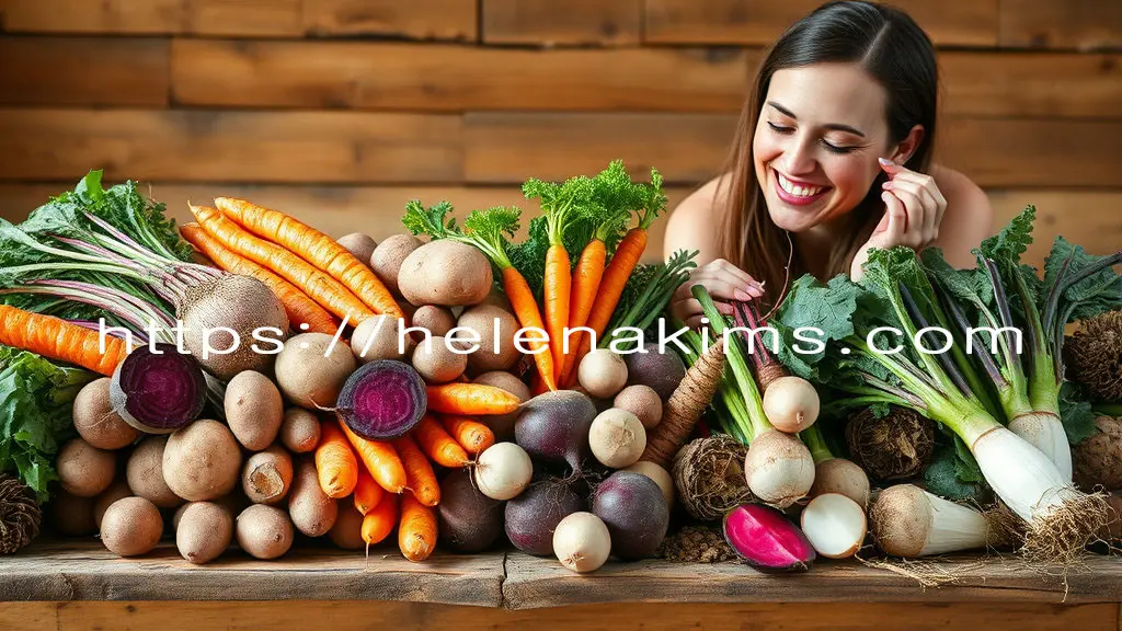 갓 수확한 뿌리채소들이 풍성하게 펼쳐져 있다. 선명한 주황색 당근, 흙내음 나는 감자, 진한 보라색 비트, 흰 무, 우엉 등이 소박한 나무 탁자 위에 가지런히 놓여 있고, 여성이 채소 하나를 살피며 고르려는 듯 즐겁게 바라보며 마지고 있는 모습.