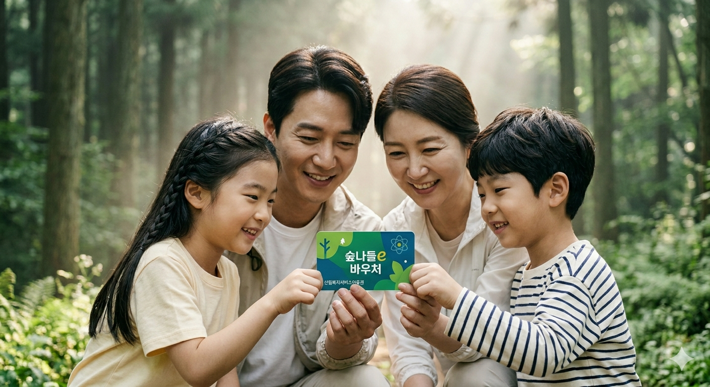 산림복지서비스이용권 지원 대상 안내, 기초생활수급자, 차상위계층, 장애인연금 및 수당 수급자, 한부모가족 등 자격 요건 설명 인포그래픽