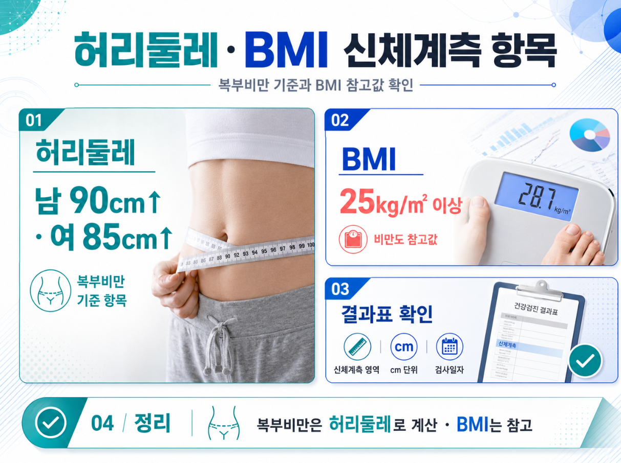 허리둘레와 BMI 신체계측 항목의 복부비만 기준과 결과표 확인 방법을 정리한 인포그래픽