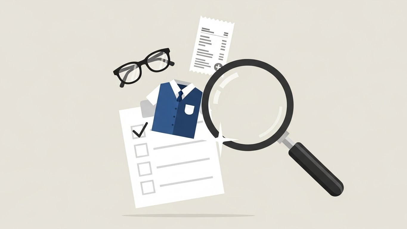 Icons of glasses, school uniform, and medical receipt floating above a checklist, with a magnifying glass checking them, flat design illustration