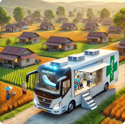 농촌 마을에 주차된 현대식 의료버스. 버스 안에서 의료진이 주민들에게 상담과 치료를 제공하는 모습. 주변은 전통 가옥과 들판으로 이루어진 평화로운 풍경
