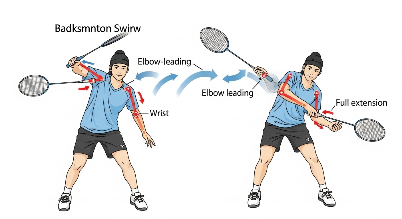 어깨 부상 예방을 위한 배드민턴 오버헤드 스윙의 올바른 자세를 단계별로 보여주는 상세 일러스트. 팔꿈치 리드와 손목 스냅을 강조합니다.