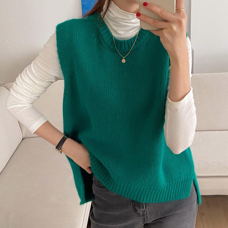 삐까삐까 고퀄리티 울 앙고라 레이어드 트임 라운드 니트 조끼