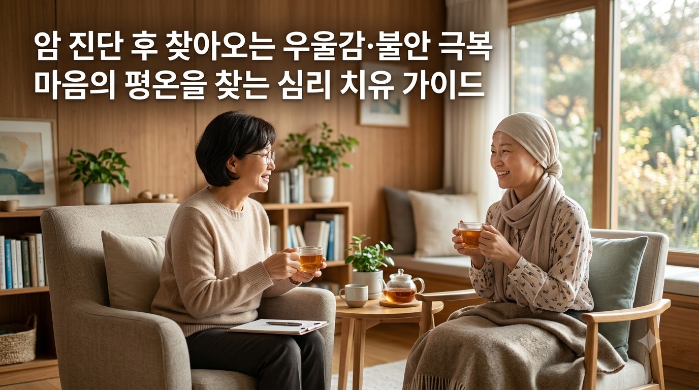 햇살이 은은하게 비치는 아늑하고 편안한 심리 상담실에서 따뜻한 차를 마시며 전문 상담사와 환자가 밝고 위로받는 표정으로 마음의 안정을 찾고 있는 모습. '암 진단 후 찾아오는 우울감&middot;불안 극복', '마음의 평온을 찾는 심리 치유 가이드'라는 문구가 적혀 있어, 암 진단 후 찾아오는 우울과 불안 극복을 위한 심리적 지지와 치유의 중요성을 시각화함.
