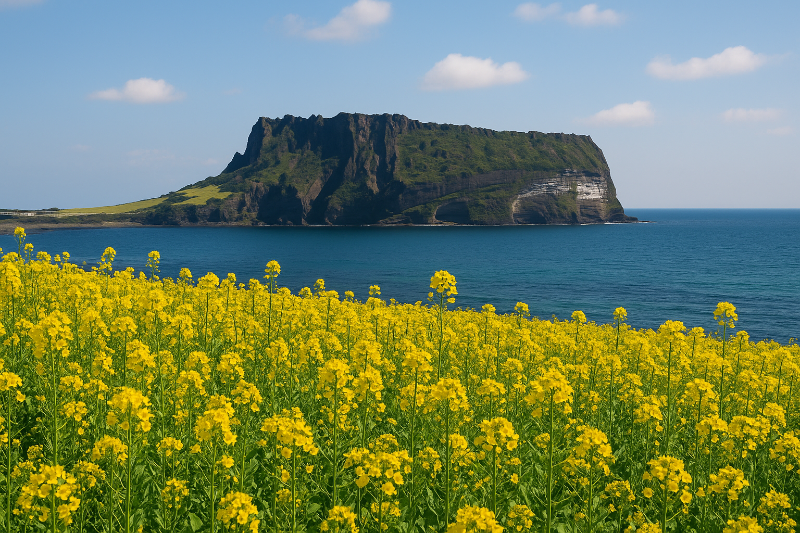 성산일출봉 배경에 유채꽃